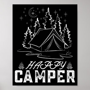 Retro gelukkig kampeerder tent dennenbos maan nach poster