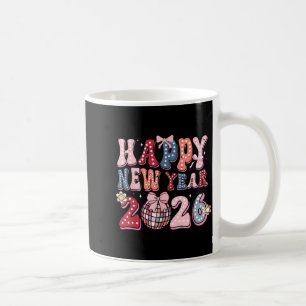 Retro Gelukkig Nieuwjaar 2026 Coquette Strik Disco Koffiemok