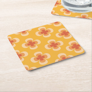 Retro Geo 70s Groovy Bloemen op Amber Vierkante Kartonnen Onderzetter