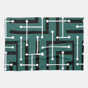 Retro Geometric Art Maze Blauwgroen Theedoek