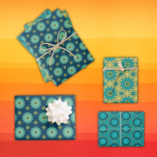 Retro Geometric Flowers Heldergeel Blauw, Blauwgro Inpakpapier Vel