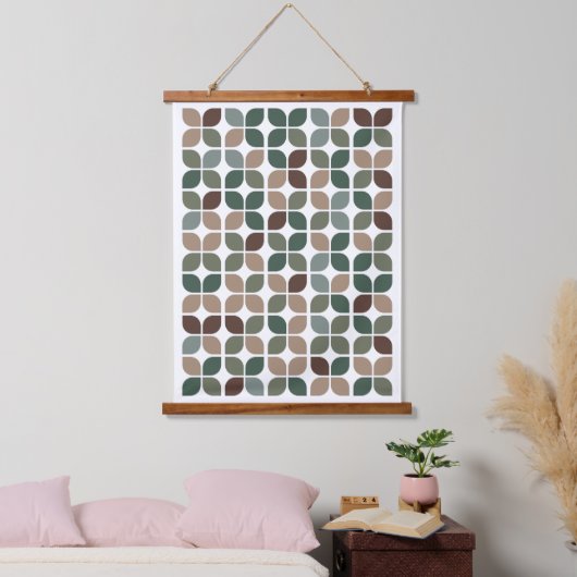 Retro Geometric Leaf Pattern Green Brown Taupe Hangend Wandkleed (Slaapkamer)
