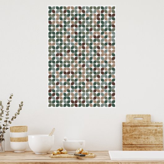 Retro Geometric Leaf Pattern Green Brown Taupe Poster (Keuken)