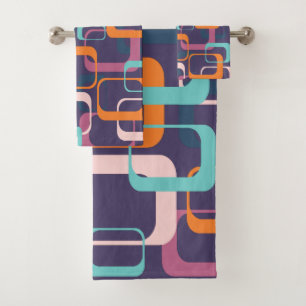 Retro Geometric Mid Century Shapes Art Paars Bad Handdoek