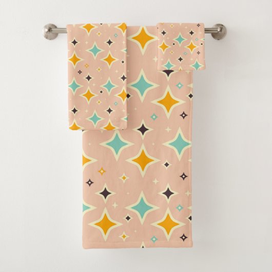 Retro geometric pattern with teal, orange, black bad handdoek (Insitu)