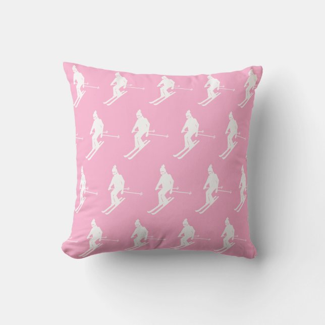 Retro Geometric Skiers Winter Pink White Kussen (Voorkant)