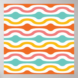Retro Geometric Waves Oranje Pink Turquoise Yellow Poster