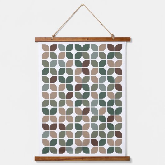 Retro geometrisch bladpatroon groen bruin taupe hangend wandkleed (Voorkant)