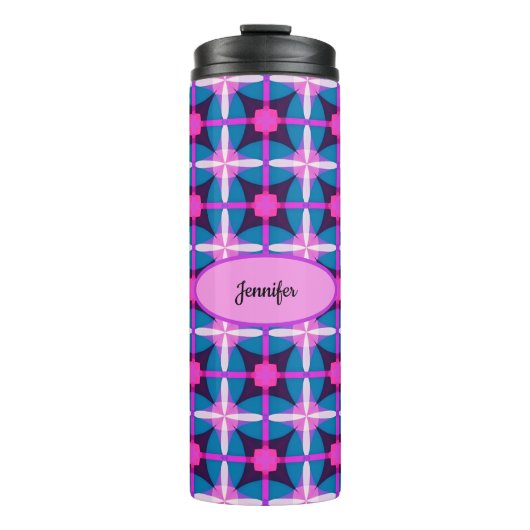 Retro Geometrisch Ontwerp in Roze, Paarse en Blauw Thermosbeker (Voorkant)