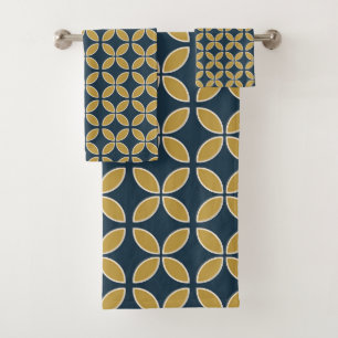 Retro Geometrisch Patroon Marine, Mosterd Bad Handdoek