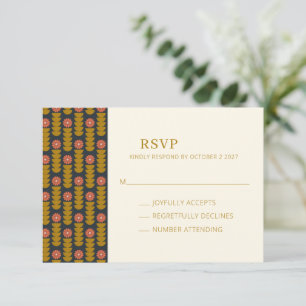 Retro Geometrische Botanische Goud Navy Trouw RSVP Kaartje