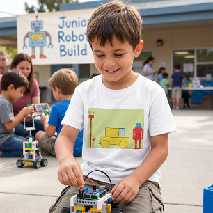 Retro geometrische robot en gele auto t-shirt