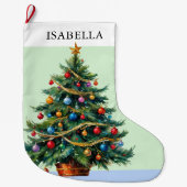 Retro gepersonaliseerde feestelijke kerstboom grote kerstsok (Voorkant)