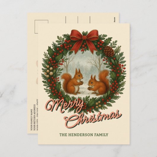 Retro gepersonaliseerde krans met Schattigee eekho Feestdagenkaart (Voorkant / Achterkant)