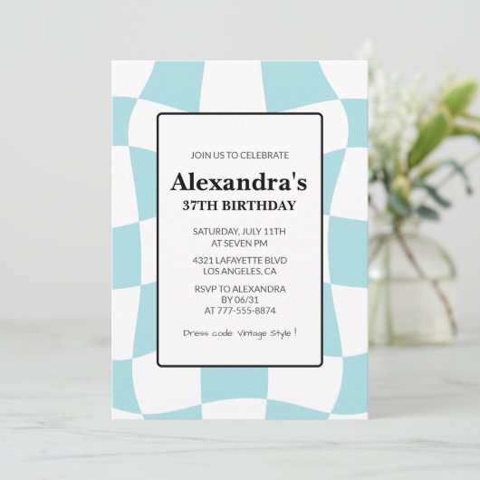 Retro Geruit Blauw 37e verjaardag uitnodigingen (Staand voorkant)
