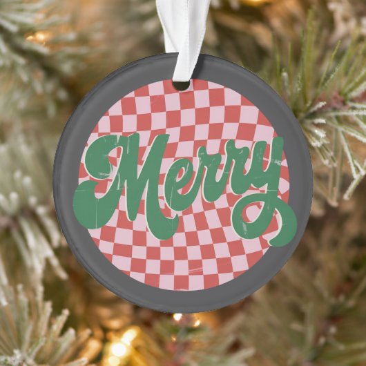 Retro geruite Prettig kerstfeest Ornament (Boom)