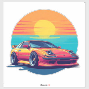 Retro gestileerde sportwagen met zonsondergang ach sticker