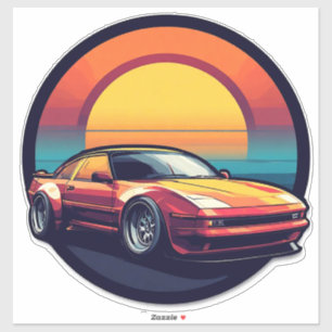 Retro gestileerde sportwagen met zonsondergang ach sticker