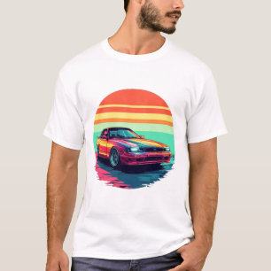 Retro gestileerde sportwagen met zonsondergang ach t-shirt