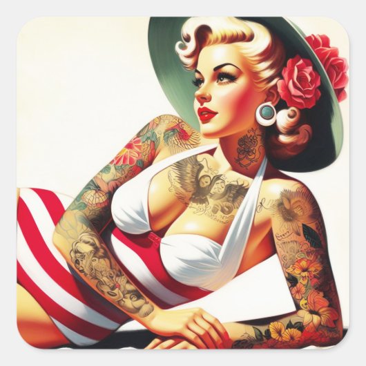 Retro getatoeëerd badpak Pin-up Vierkante Sticker (Voorkant)