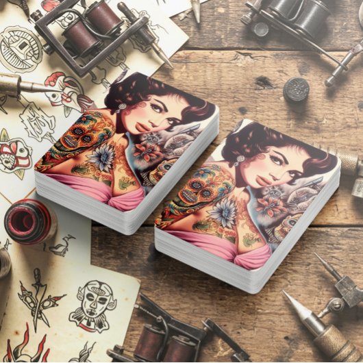 Retro Getatoeëerde Pin-up Pokerkaarten