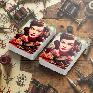 Retro Getatoeëerde Pin-up Pokerkaarten
