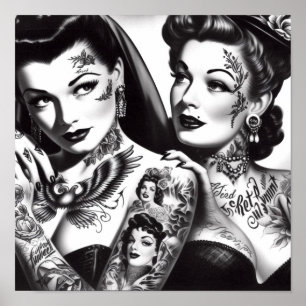 Retro getatoeëerde pin-ups poster