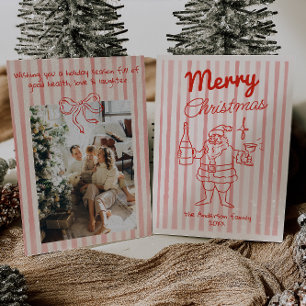 Retro getekende rode feestelijke Santa Champagne k Feestdagenkaart