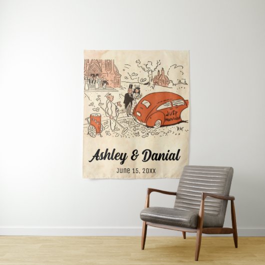 Retro gewoon getrouwd koppel klassieke bruiloft Wandkleed (In situ)