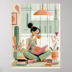 Retro gezellige leesruimte meisje muur kunst decor poster
