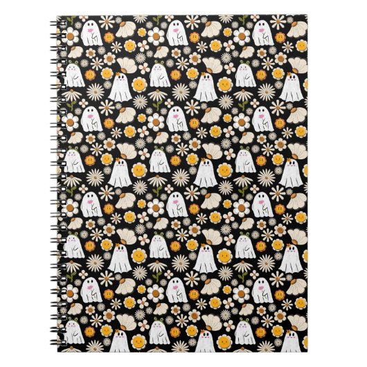Retro Ghost Flowers Halloween Seamless Pattern Notitieboek (Voorkant)