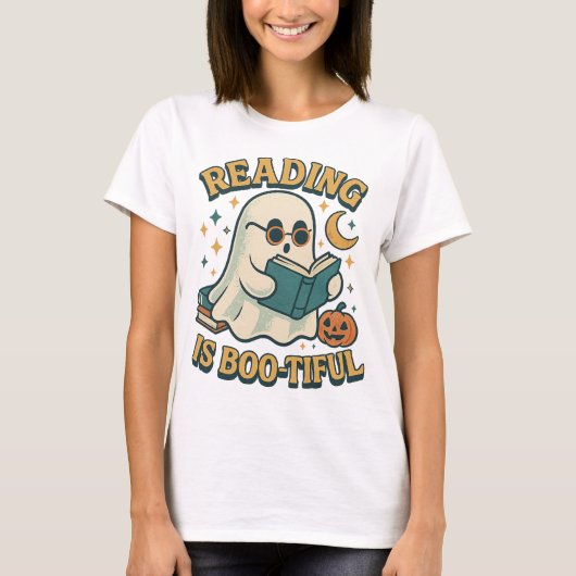 Retro Ghost Reading Books ・ Retro halloween shirt (Voorkant)