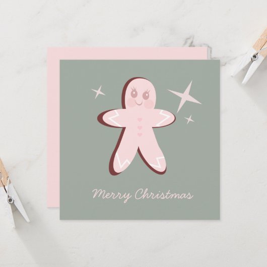 Retro Gingerbrood Cookies Groovy Kerstmis Kaart (Voorkant / Achterkant in situ)