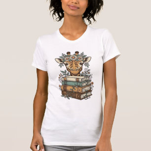 Retro Giraffe Leest Boeken Bloem Shirt Ontwerp_