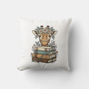 Retro Giraffe Leest Boeken Bloem Shirt Ontwerp_ Kussen