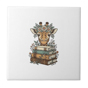 Retro Giraffe Leest Boeken Bloem Shirt Ontwerp_ Tegeltje
