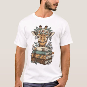 Retro Giraffe Leest Boeken Bloemen Shirt Ontwerp_