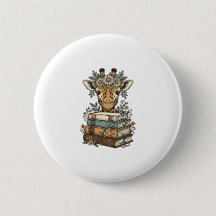 Retro Giraffe Leest Boeken Bloemen Shirt Ontwerp_ Ronde Button 5,7 Cm
