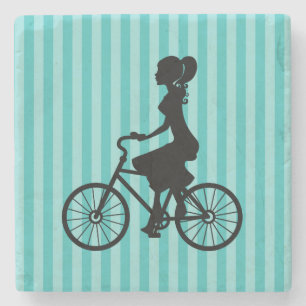Retro Girl Cyclist Silhouette Stenen Onderzetter
