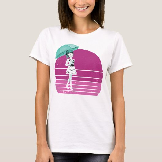 Retro Girl met Umbrella en zonsondergang T-shirt (Voorkant)