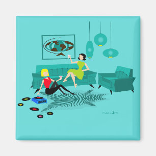 Retro Girl's nacht op Square Magnet Magneet