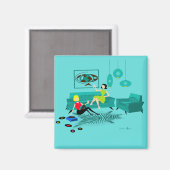 Retro Girl's Night in Square Magnet Magneet (Voorkant / Achterkant)