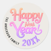 Retro Girly  Gelukkig Nieuwjaar Roze Script Ronde Sticker (Voorkant)