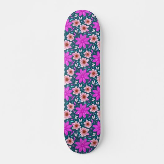 Retro Girly Roze Bloemen Patroon Skateboard (Voorkant)
