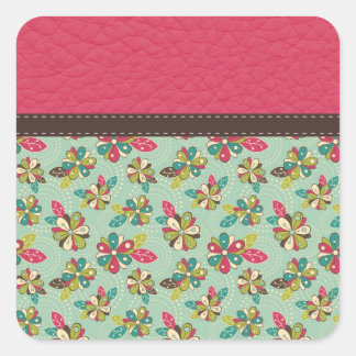 Retro Girly Roze Patroon met Leer Vierkante Sticker