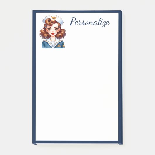 Retro Glam Marine Meisje Blauwe Grens Personaliser Post-it® Notes (Voorkant)