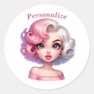 Retro Glamour Meisje Geanimeerde Cartoon Personali Ronde Sticker