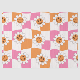 Retro glimlachende bloemen op kromgetrokken dambor tissuepapier