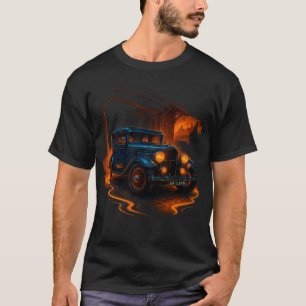 "Retro Glow Ride – Vintage blauwe auto in neonstad T-shirt