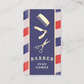 Retro Gold Barber Tools Red Blue Discount Visitekaartje
